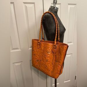 Patricia Nash Adeline Burnished Cutout Tooled Leather Cognac Tote